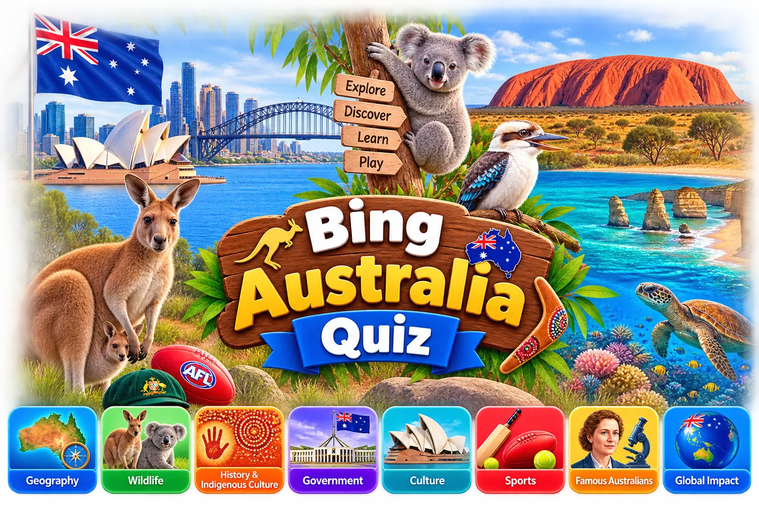 Illustration representing the Bing Australia Quiz's mix of geography, wildlife, and history topics