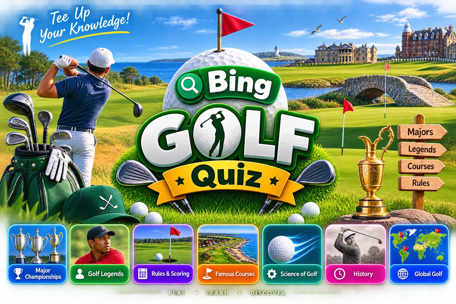 Illustration representing the Bing Golf Quiz's mix of majors, legends, and golf trivia topics