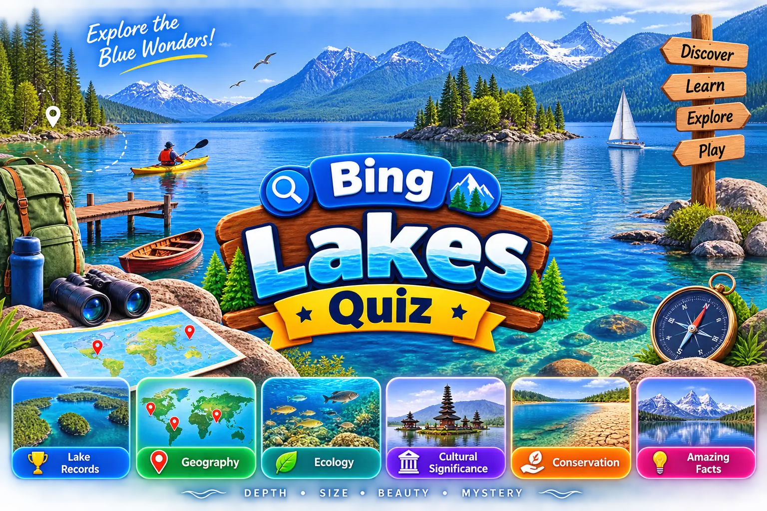 Illustration representing the Bing Lakes Quiz's mix of lake records, geography, and ecology topics