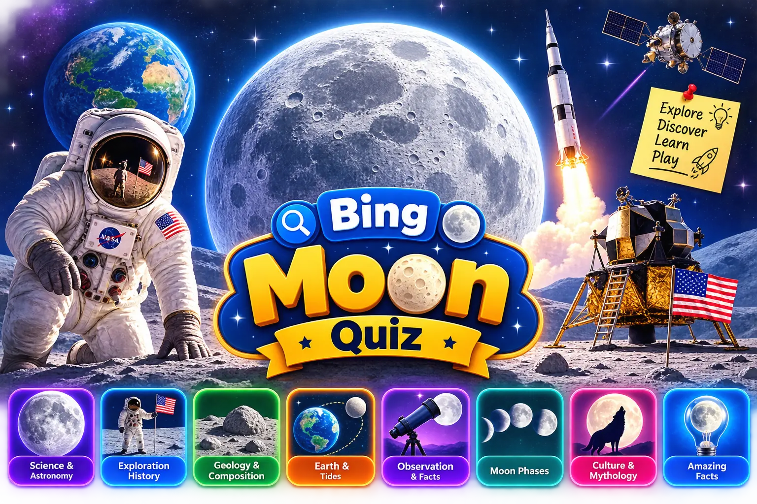 Illustration representing the Bing Moon Quiz's mix of lunar science, exploration, and mythology topics