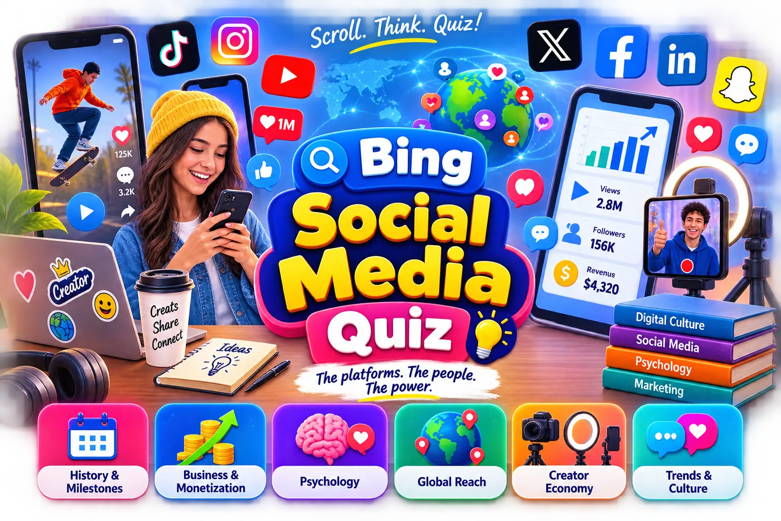 Illustration representing the Bing Social Media Quiz's mix of platforms, culture, and psychology topics